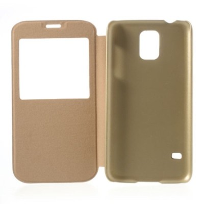 Samsung Galaxy S5 G900 (S5 Neo G903) auksinis odinis atverčiamas dėklas su langeliu / Priedai.lt
