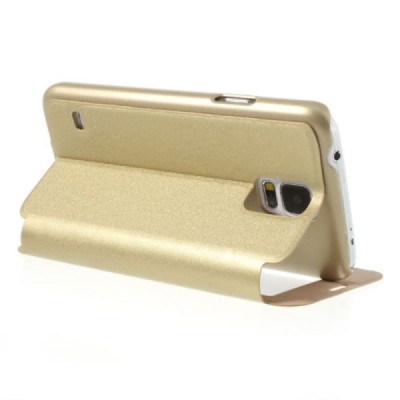 Samsung Galaxy S5 G900 (S5 Neo G903) auksinis odinis atverčiamas dėklas su langeliu / Priedai.lt