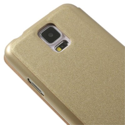 Samsung Galaxy S5 G900 (S5 Neo G903) auksinis odinis atverčiamas dėklas su langeliu / Priedai.lt