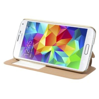 Samsung Galaxy S5 G900 (S5 Neo G903) auksinis odinis atverčiamas dėklas su langeliu / Priedai.lt