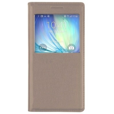 Samsung Galaxy E7 zelta atvēramais maciņš ar lodziņu / Vacins.lv