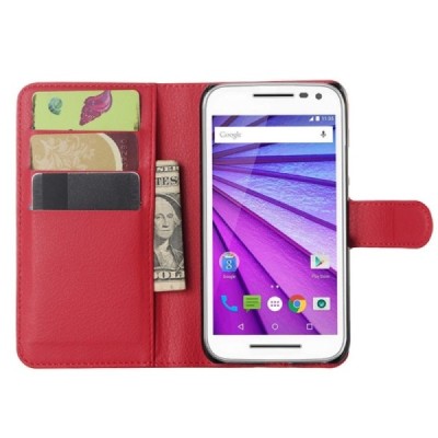 Motorola Moto G 3 kartos (Gen 3) atvēramais sarkans ādas Litchi maciņš - maks / Vacins.lv