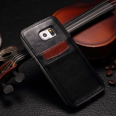 „Luxury“ Leather Samsung Galaxy S6 Edge+ (G928) juodas odinis dėklas - nugarėlė su kišenėle kortelėms / Priedai.lt