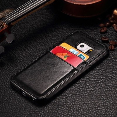 „Luxury“ Leather Samsung Galaxy S6 Edge+ (G928) juodas odinis dėklas - nugarėlė su kišenėle kortelėms / Priedai.lt