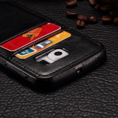 „Luxury“ Leather Samsung Galaxy S6 Edge+ (G928) juodas odinis dėklas - nugarėlė su kišenėle kortelėms / Priedai.lt