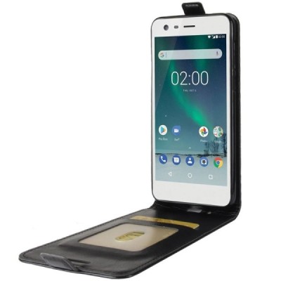 Nokia 2 klasikinis vertikaliai atverčiamas juodas odinis dėklas / Priedai.lt