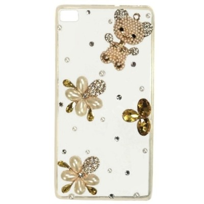 Huawei P8 Luxury 3D plastikinis skaidrus permatomas auksinis dėklas su kristalais / Priedai.lt
