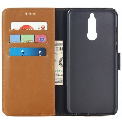 Huawei Mate 10 Lite atverčiamas rudas odinis retro dėklas - piniginė / Priedai.lt