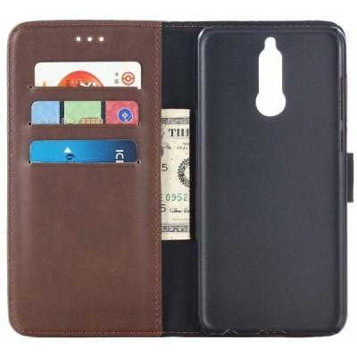 Huawei Mate 10 Lite atverčiamas tamsiai rudas odinis retro dėklas - piniginė / Priedai.lt