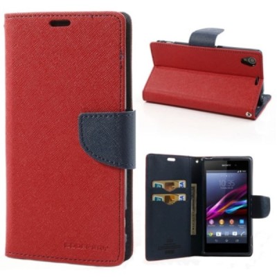 Sony Xperia Z1 (Honami L39h) „Mercury“ Fancy atvērams sarkans ādas maciņš - maks / Vacins.lv