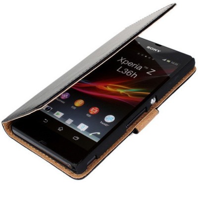 Sony Xperia Z (L36h, C6603, C6602) atvēramais ādas melns Casual maciņš (maks) / Vacins.lv