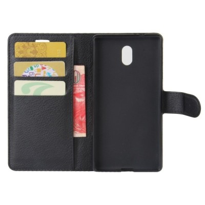 Nokia 3 „Litchi“ atverčiamas juodas odinis dėklas, knygutė - piniginė / Priedai.lt