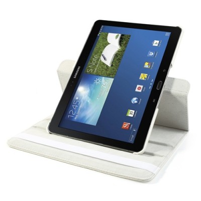 Atverčiamas baltas odinis Samsung Galaxy Note 10.1 2014 P600 (P605) dėklas (dėkliukas), sukiojamas 360° / Priedai.lt