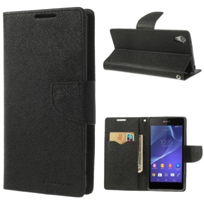 Mercury Fancy atverčiamas Sony Xperia Z2 juodas odinis dėklas - piniginė / Priedai.lt