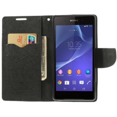 Mercury Fancy atverčiamas Sony Xperia Z2 juodas odinis dėklas - piniginė / Priedai.lt