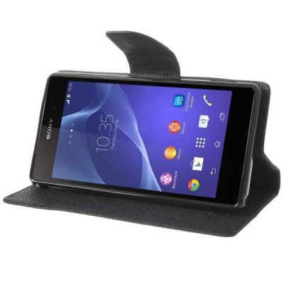 Mercury Fancy atverčiamas Sony Xperia Z2 juodas odinis dėklas - piniginė / Priedai.lt