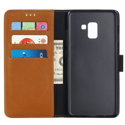 Samsung Galaxy A8+ 2018 (A730F) atverčiamas rudas odinis retro dėklas - piniginė / Priedai.lt
