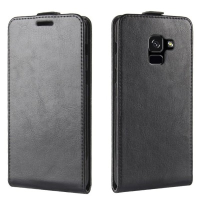 Samsung Galaxy A8+ 2018 (A730F) klasisks ādas vertikāli atvēramais melns futrālis / Vacins.lv