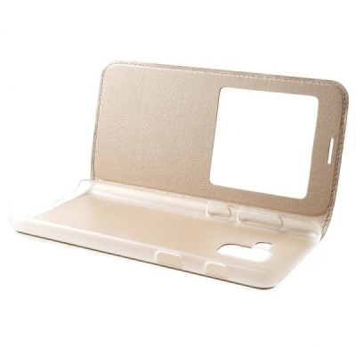 Samsung Galaxy A8+ 2018 (A730F) auksinis odinis atverčiamas „View Window“ dėklas su langeliu / Priedai.lt