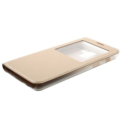 Samsung Galaxy A8+ 2018 (A730F) auksinis odinis atverčiamas „View Window“ dėklas su langeliu / Priedai.lt