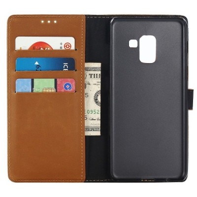 Samsung Galaxy A8 2018 (A530F) atverčiamas rudas odinis retro dėklas - piniginė / Priedai.lt