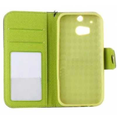 HTC One M8 Color atvērams melns,zaļš ādas futrālis - maciņš / Vacins.lv