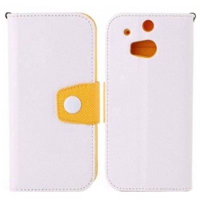 HTC One M8 Color atvērams balts, dzeltens ādas futrālis - maciņš / Vacins.lv