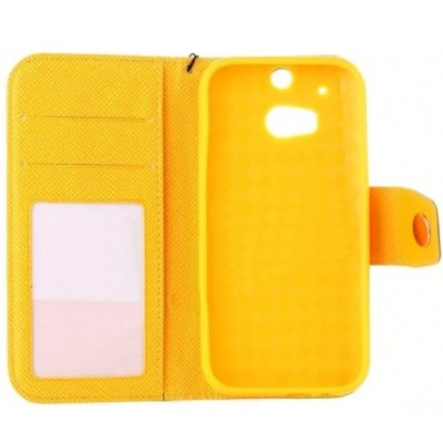 HTC One M8 Color atvērams balts, dzeltens ādas futrālis - maciņš / Vacins.lv