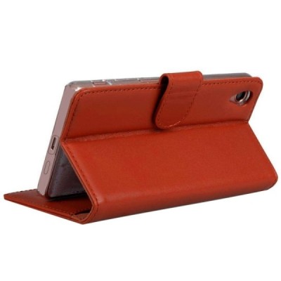 Sony Xperia Z3+ Plus atverčiamas rudas odinis dėklas, knygutė - piniginė / Priedai.lt