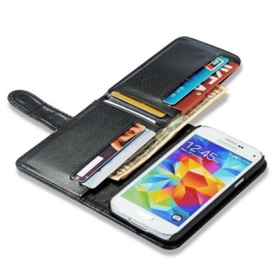 Odinis atverčiamas juodas Samsung Galaxy S5 (S5 Neo) dėklas (dėkliukas) - piniginė / Priedai.lt