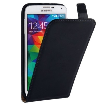 Samsung Galaxy S5 (S5 Neo) klasisks tekstilizstrādājumiem vertikāli atvēramais melns maciņš / Vacins.lv