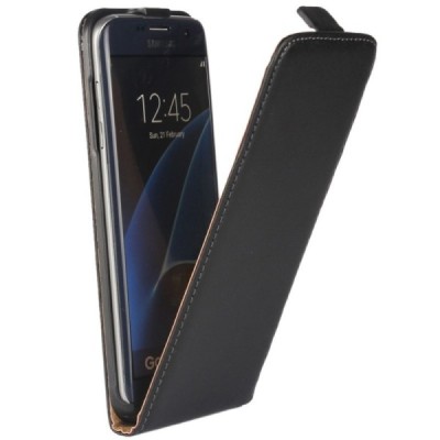 Samsung Galaxy S7 Edge (G935) klasisks ādas vertikāli atvēramais melns maciņš / Vacins.lv