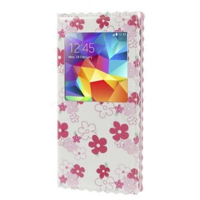 „Flowers“ serijos Samsung Galaxy S5 (S5 Neo) baltas odinis atverčiamas dėklas / Priedai.lt