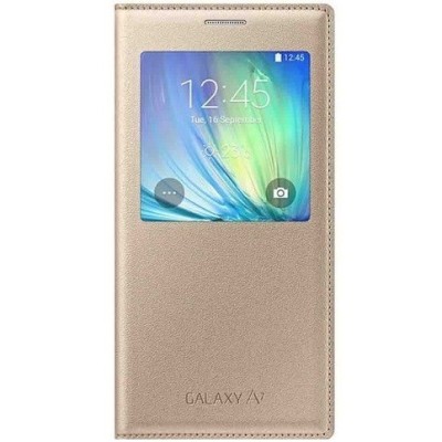 Samsung Galaxy A7 (A700) atverčiamas auksinis odinis dėklas su langeliu / Priedai.lt