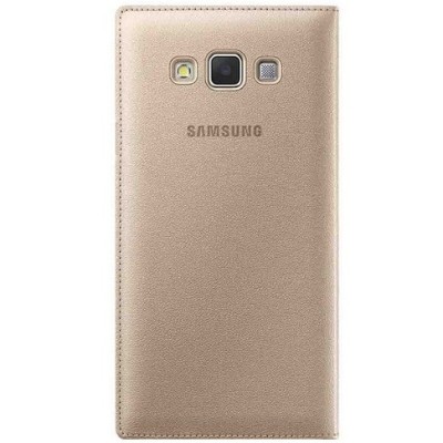 Samsung Galaxy A7 (A700) ādas atvēramais zelta maciņš ar lodziņu / Vacins.lv