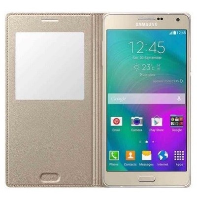 Samsung Galaxy A7 (A700) ādas atvēramais zelta maciņš ar lodziņu / Vacins.lv