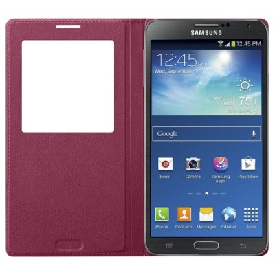 Samsung Galaxy Note 3 tamsiai rožinis odinis atverčiamas „View Window“ dėklas su langeliu / Priedai.lt
