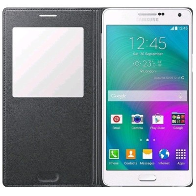 Samsung Galaxy A7 (A700) atverčiamas juodas odinis dėklas su langeliu / Priedai.lt