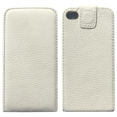Vertikaliai atverčiamas baltas odinis Apple iPhone 4 ir 4S dėklas / Priedai.lt