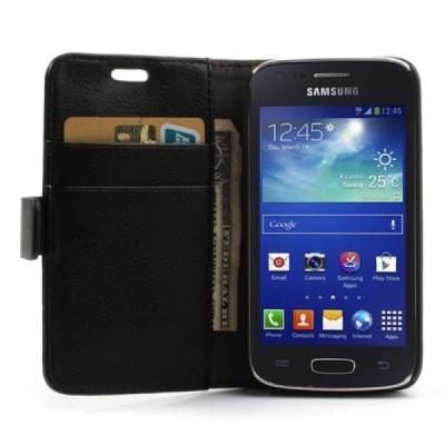 Samsung Galaxy Ace 3 (S7270) atvēramais ādas melns maciņš (maks) / Vacins.lv