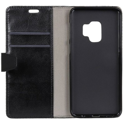 Samsung Galaxy S9 (G960) atvēramais ādas melns maciņš (maks) / Vacins.lv