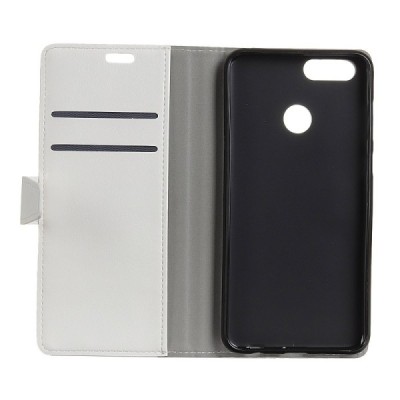 Huawei P smart 2018 (Enjoy 7S) atverčiamas baltas odinis dėklas, knygutė - piniginė / Priedai.lt
