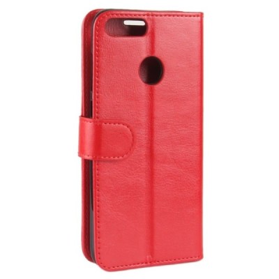 Huawei P smart 2018 (Enjoy 7S) atverčiamas raudonas odinis dėklas, knygutė - piniginė / Priedai.lt