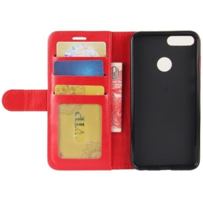 Huawei P smart 2018 (Enjoy 7S) atverčiamas raudonas odinis dėklas, knygutė - piniginė / Priedai.lt