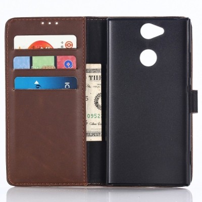 Sony Xperia XA2 (XA2 Dual) atvēramais ādas tumši brūns retro maciņš (maks) / Vacins.lv