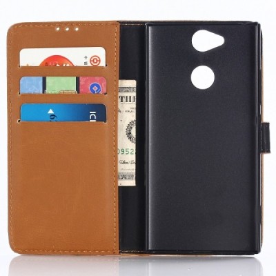 Sony Xperia XA2 (XA2 Dual) atverčiamas šviesiai rudos spalvos odinis retro dėklas - piniginė / Priedai.lt