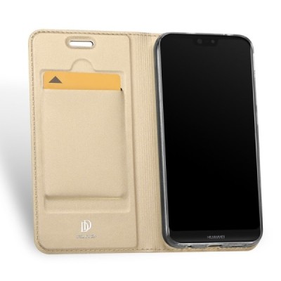Huawei P20 Lite (Nova 3e) „Dux Ducis“ Skin sērijas zelta ādas atvērams maciņš / Vacins.lv