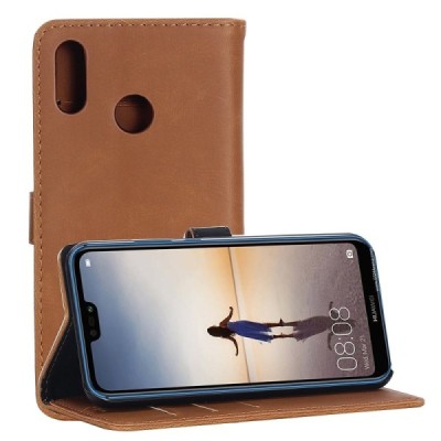 Huawei P20 Lite (Nova 3e) atvēramais ādas gaiši brūns retro maciņš (maks) / Vacins.lv