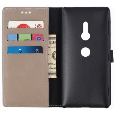 Sony Xperia XZ2 atverčiamas smėlio spalvos odinis retro dėklas - piniginė / Priedai.lt