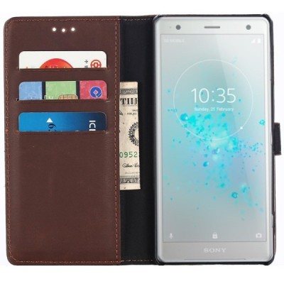Sony Xperia XZ2 atvēramais ādas tumši brūns retro maciņš (maks) / Vacins.lv
